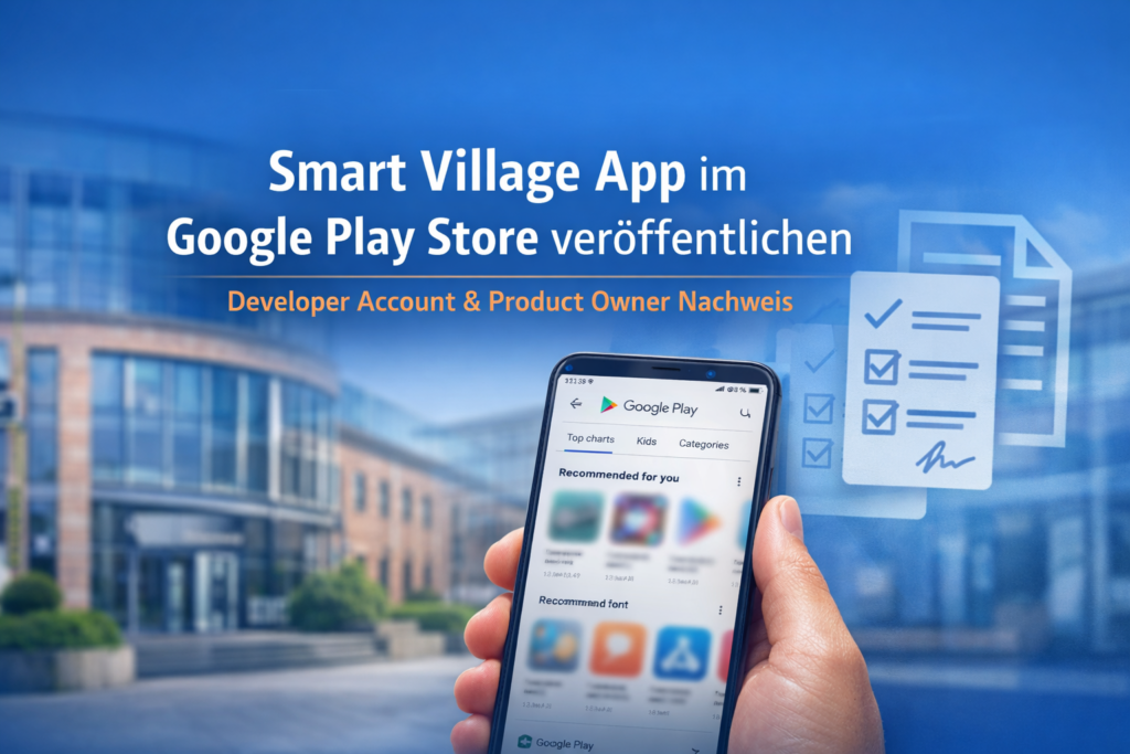 Anmutung eines Smartphones vor verschwommenem Rathaus. Auf dem Smartphone-Display ist der Google Developer Account zu sehen.